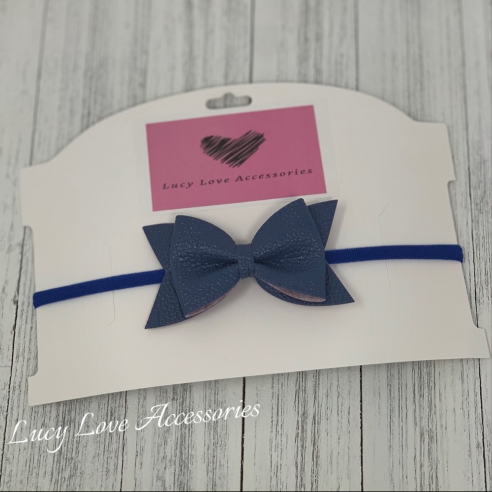 Handmade 3.5” leather bow headband in vintage blue